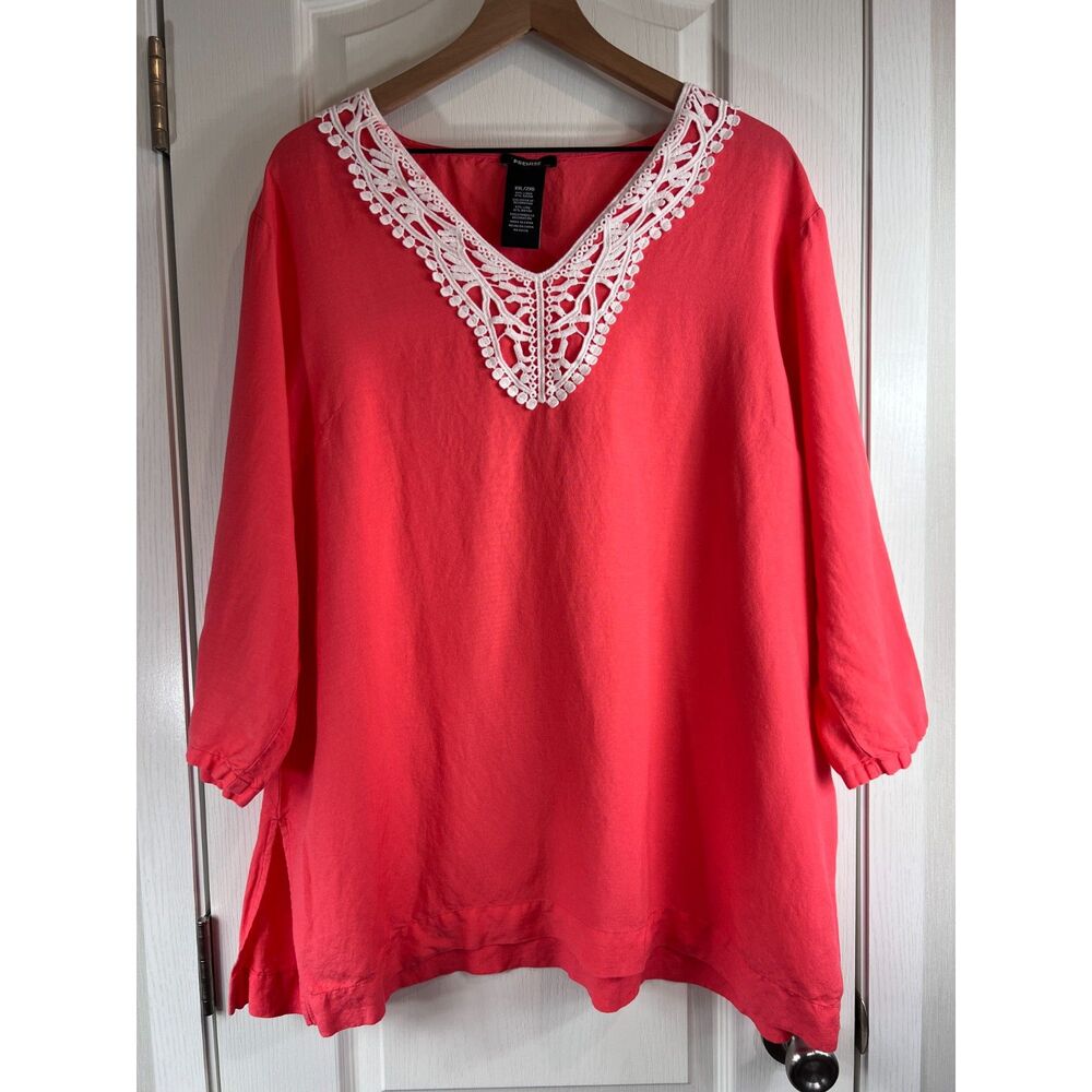 Premise Women's Linen Blend Coral Top Crochet Lace V Neck 3/4 Sleeve Size XXL